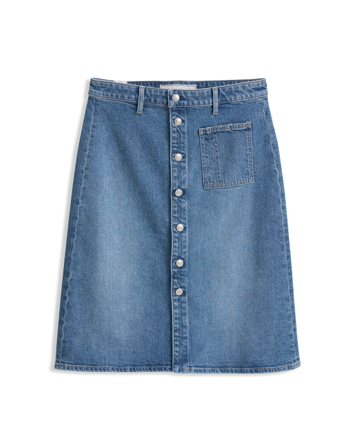 Blue denim skirt with button details on a white background, view 5