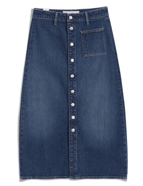 A dark blue denim maxi skirt with a front button closure and a single patch pocket on the left side, shown flat against a white background., view 6