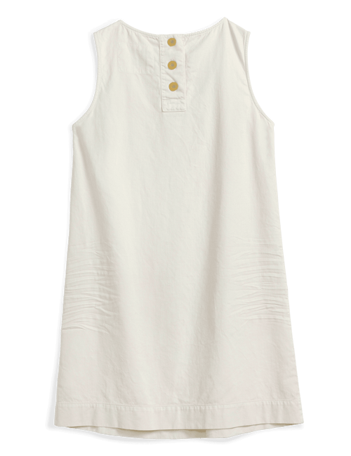 An off-white sleeveless shift dress with a three-button henley neckline, shown flat against a solid dark green background., view 6