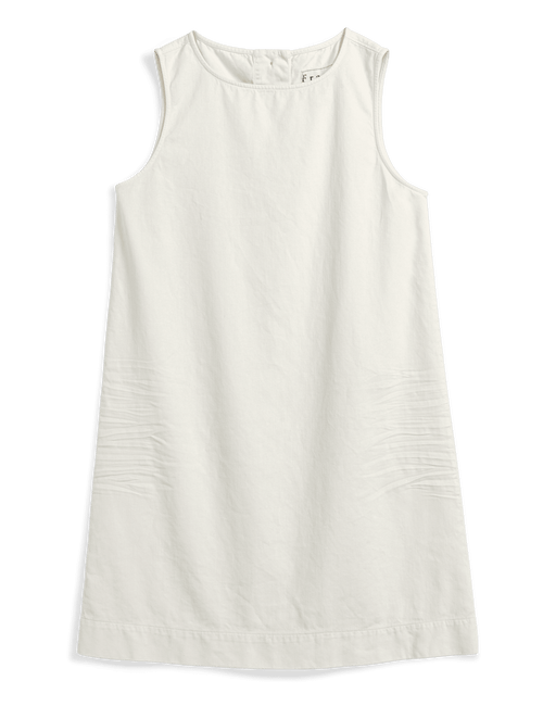 A sleeveless white shift dress with a relaxed, slightly flared silhouette, laid flat against a solid dark green background., view 5