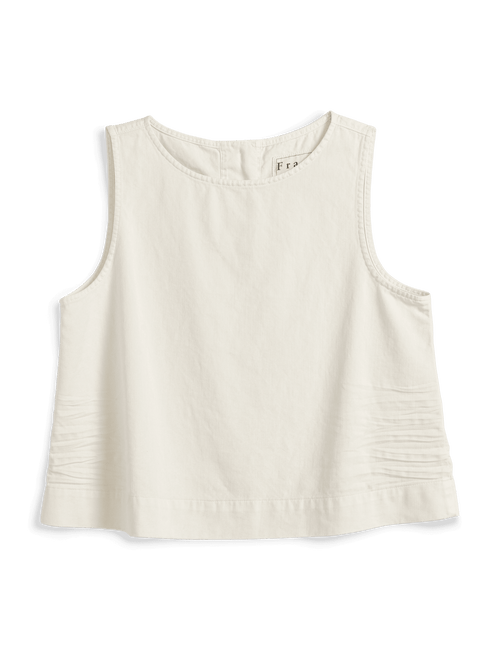 An off-white sleeveless crop top with gathered detailing at the sides, displayed flat against a white background., front view