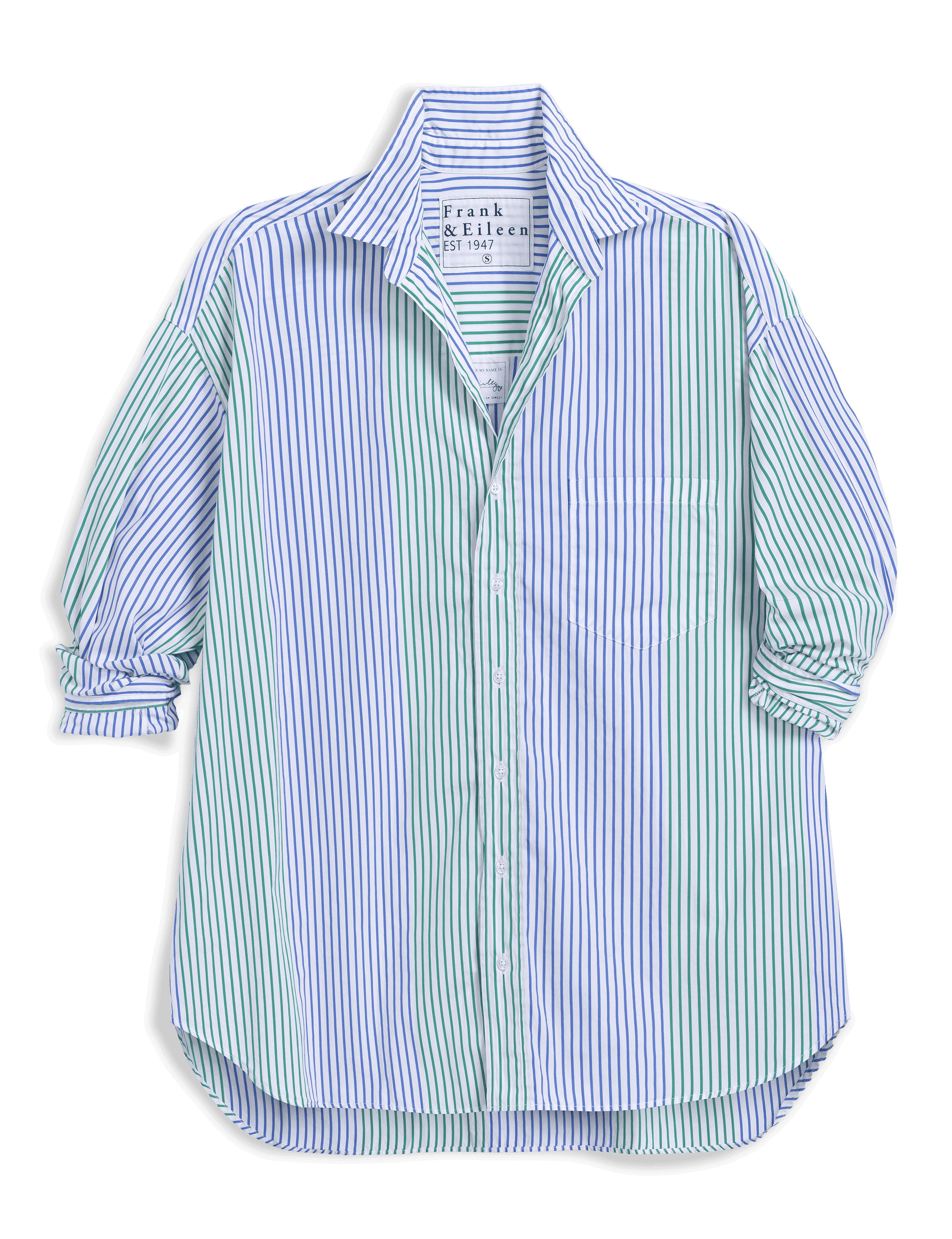 Striped shirt with brand label on a transparent background, front view