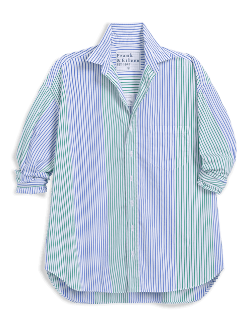 Striped shirt with brand label on a transparent background, front view