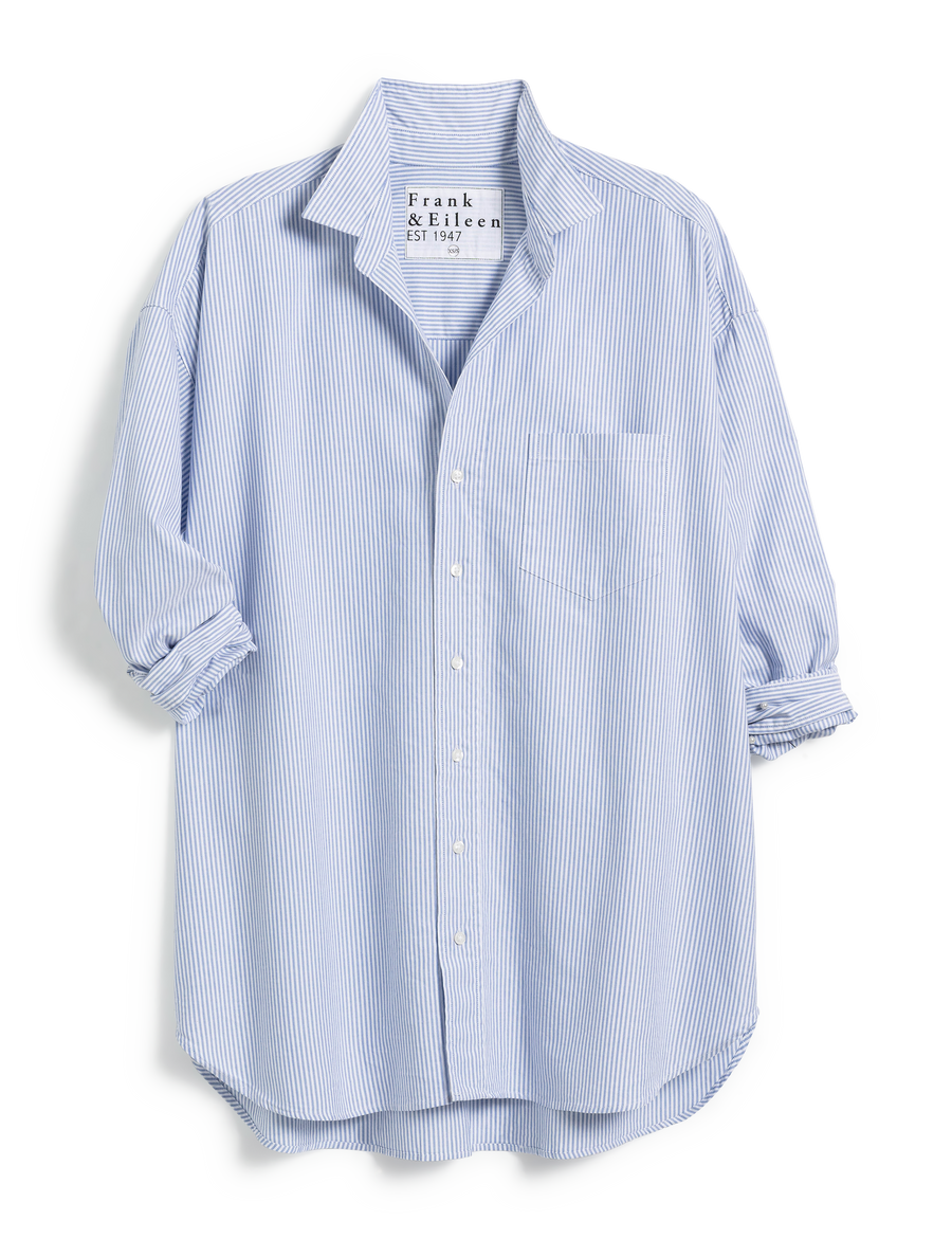 Flat front of Blue Stripe Frank & Eileen Shirley Oversized Button-Up Shirt in Italian Oxford