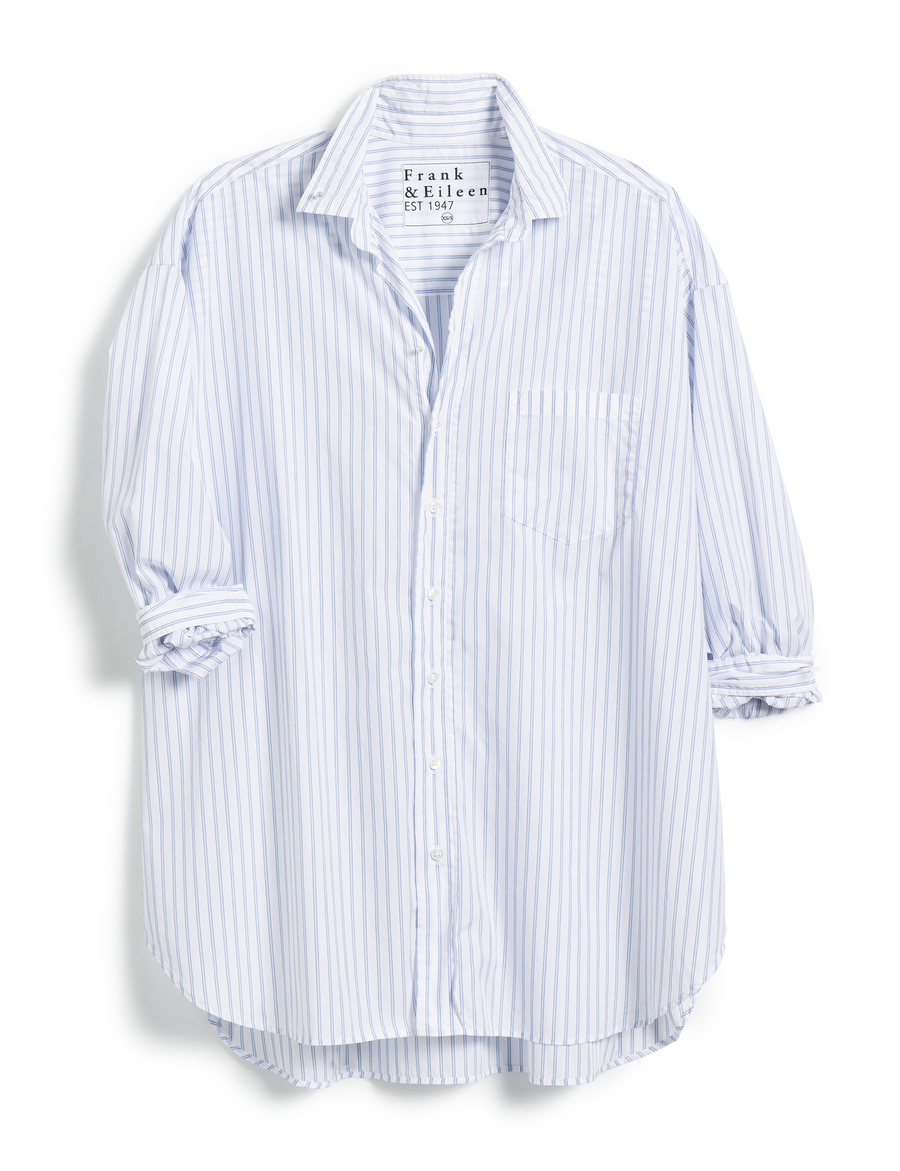 Flat front of Blue Stripe Frank & Eileen Shirley Oversized Button-Up Shirt in Superfine