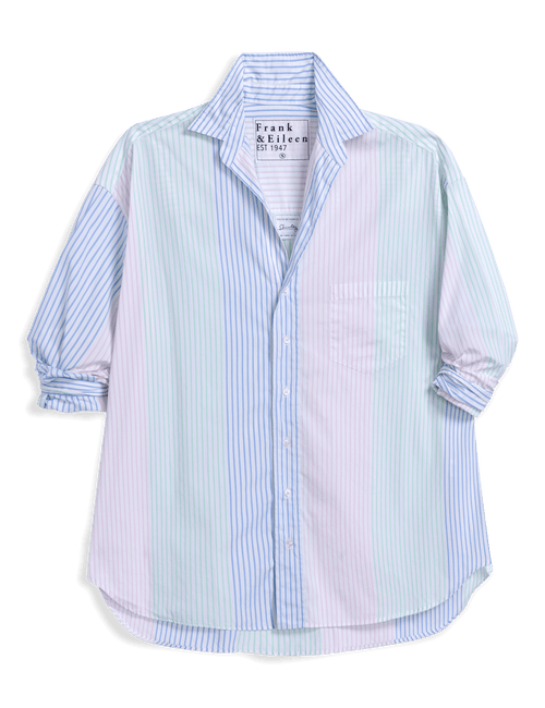 Light blue and white striped shirt with 'Frank & Eileen' label on a black background, front view