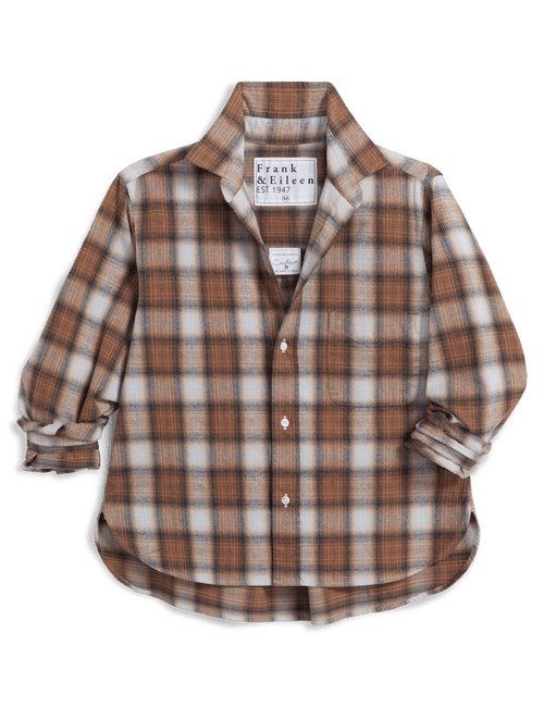A long-sleeve button-up shirt by Frank & Eileen, featuring a brown, beige, and white plaid pattern, laid flat on a white background., view 4