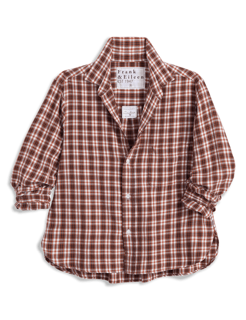 A long-sleeve button-up shirt by Frank & Eileen, featuring a brown and orange plaid pattern with white buttons and a pointed collar, laid flat on a white background., view 4