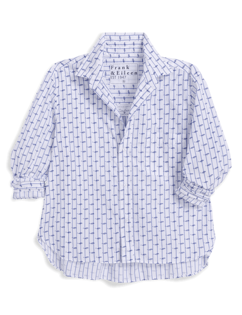 White shirt with blue pattern on a black background, front view