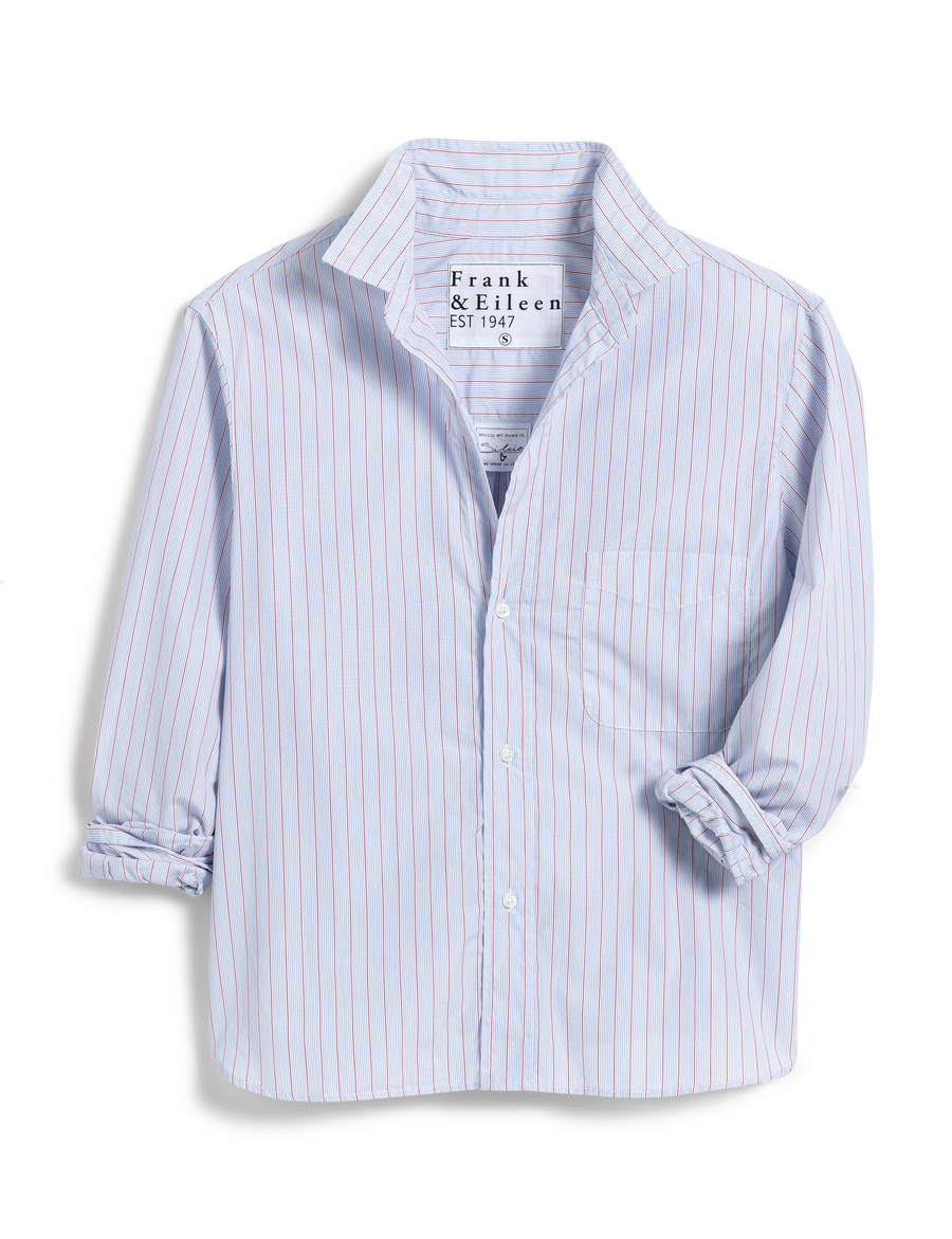 Flat front of Blue Stripe Frank & Eileen Silvio Untuckable Button-Up Shirt in Classic Poplin