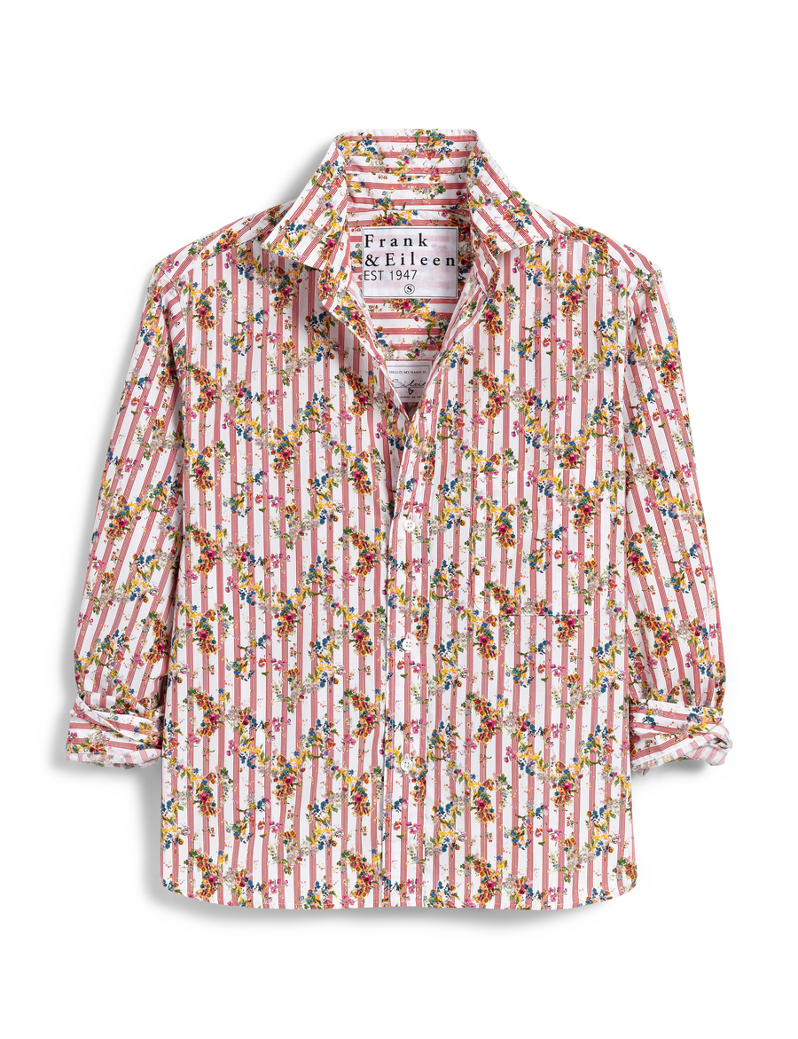 Flat front of Pink Floral Frank & Eileen Silvio Untuckable Button-Up Shirt in Superluxe