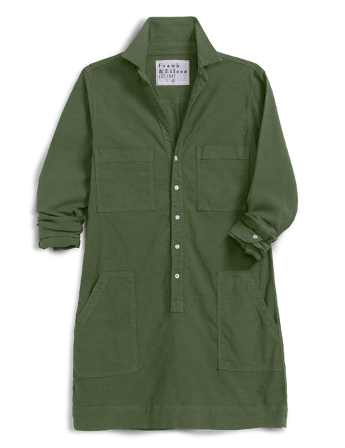 An olive green long-sleeve shirt dress by Frank & Eileen, featuring a button-down front, a pointed collar, and four front patch pockets, shown against a plain white background., front view