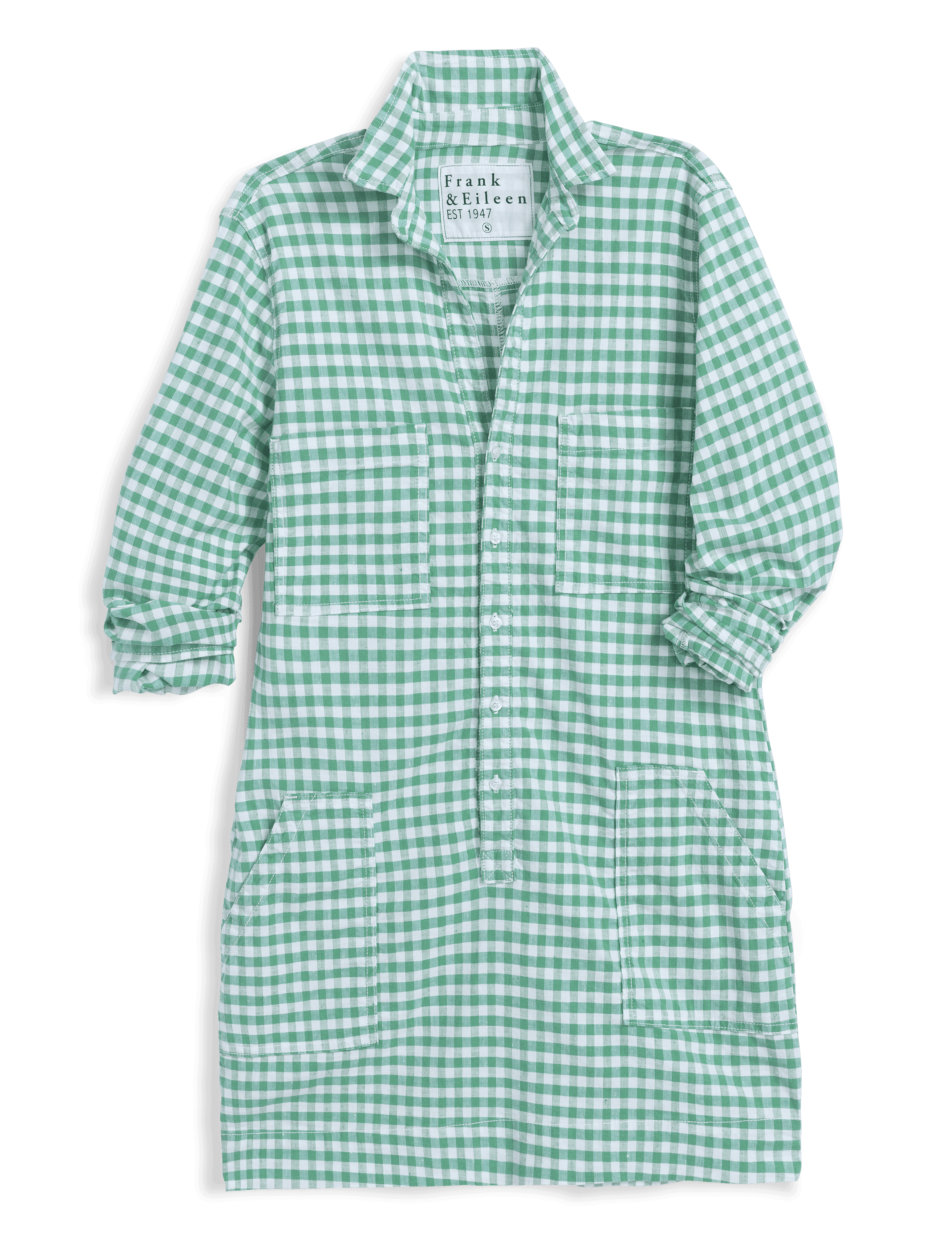 Green and white checkered dress with brand label on a transparent background, view 4