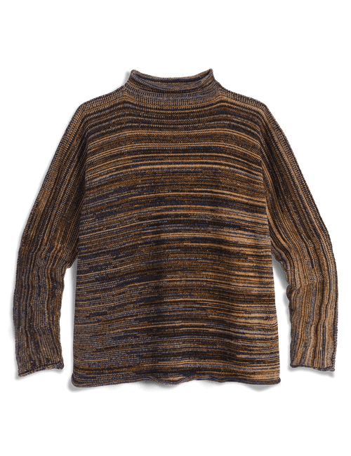 A long-sleeve knit turtleneck sweater with horizontal marled stripes in brown, black, and tan, displayed against a plain white background., view 4