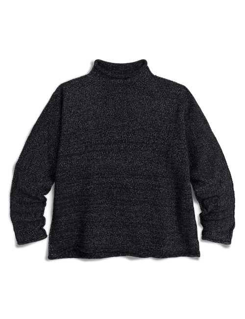 A black glitter knit turtleneck sweater shown flat against a solid white background., view 4