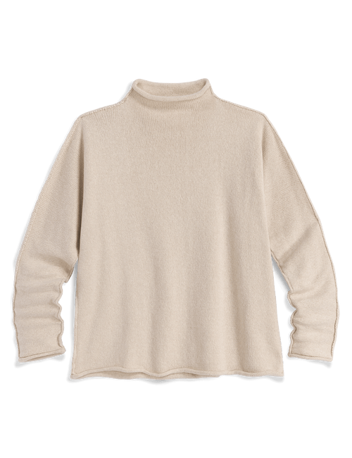 A light cream knit mock neck sweater with long sleeves, laid flat against a solid white background., view 5