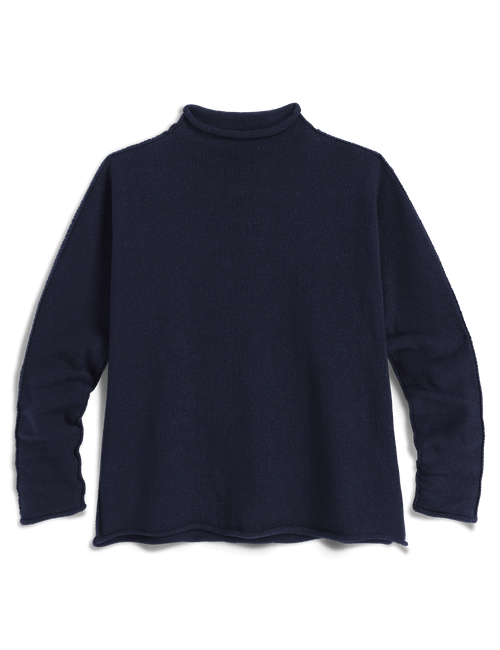 A dark navy blue long-sleeve mock neck sweater laid flat against a white background., view 4