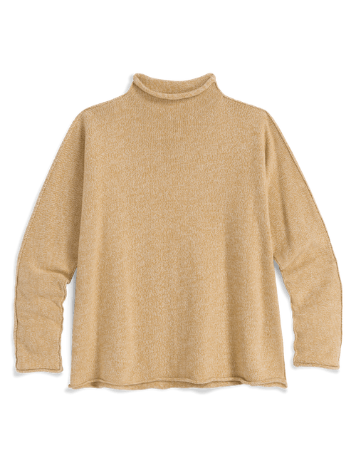 A beige knit mock neck sweater with long sleeves, laid flat against a white background., view 4
