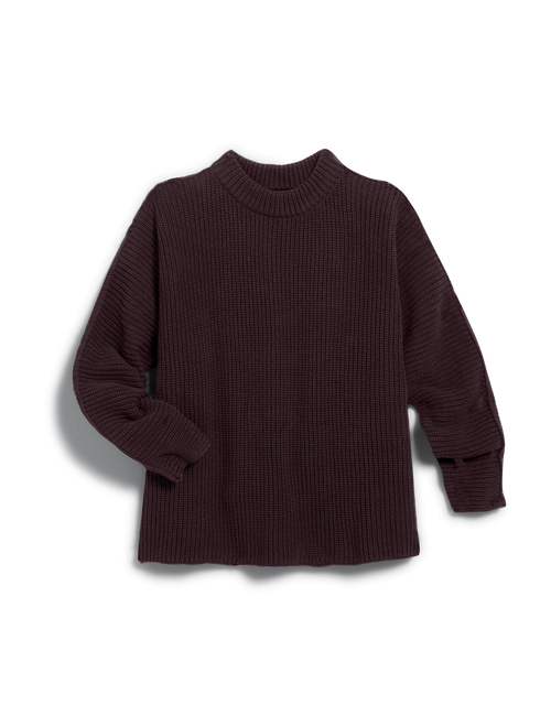 A dark brown ribbed knit sweater with long sleeves and a crew neck, displayed flat against a white background with a soft drop shadow., view 4