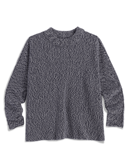 A dark gray and black marled knit crewneck sweater with long sleeves, laid flat against a white background., view 4