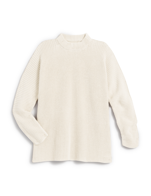 An off-white ribbed knit crew neck sweater with long sleeves, displayed flat against a clean white background., view 4