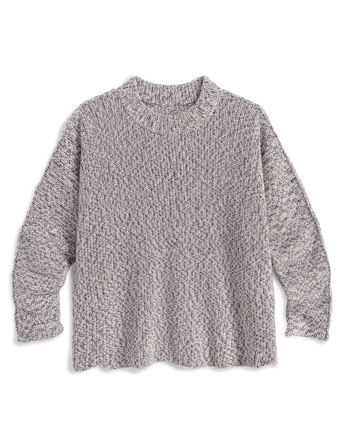 A light gray marled knit sweater with a crew neck and long sleeves, laid flat against a white background., view 4
