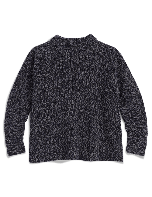 A long-sleeve knit sweater with a textured, heathered pattern in navy and white, shown on a white background., view 4