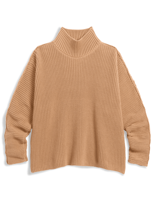 A camel-colored ribbed knit mock neck sweater with long sleeves, displayed flat against a clean white background., front view