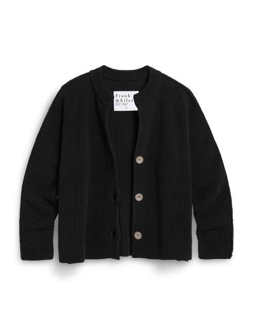 Black ribbed cardigan with button details on a white background, view 4