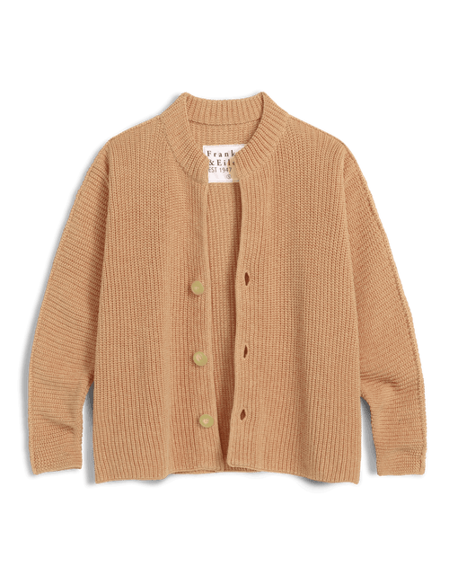 A light tan ribbed knit cardigan sweater with three light-colored buttons, shown flat against a solid dark green background. The brand label 'frank yeller' is visible inside the collar., view 6