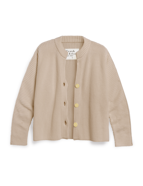 Beige cardigan with yellow buttons on a transparent background, view 4