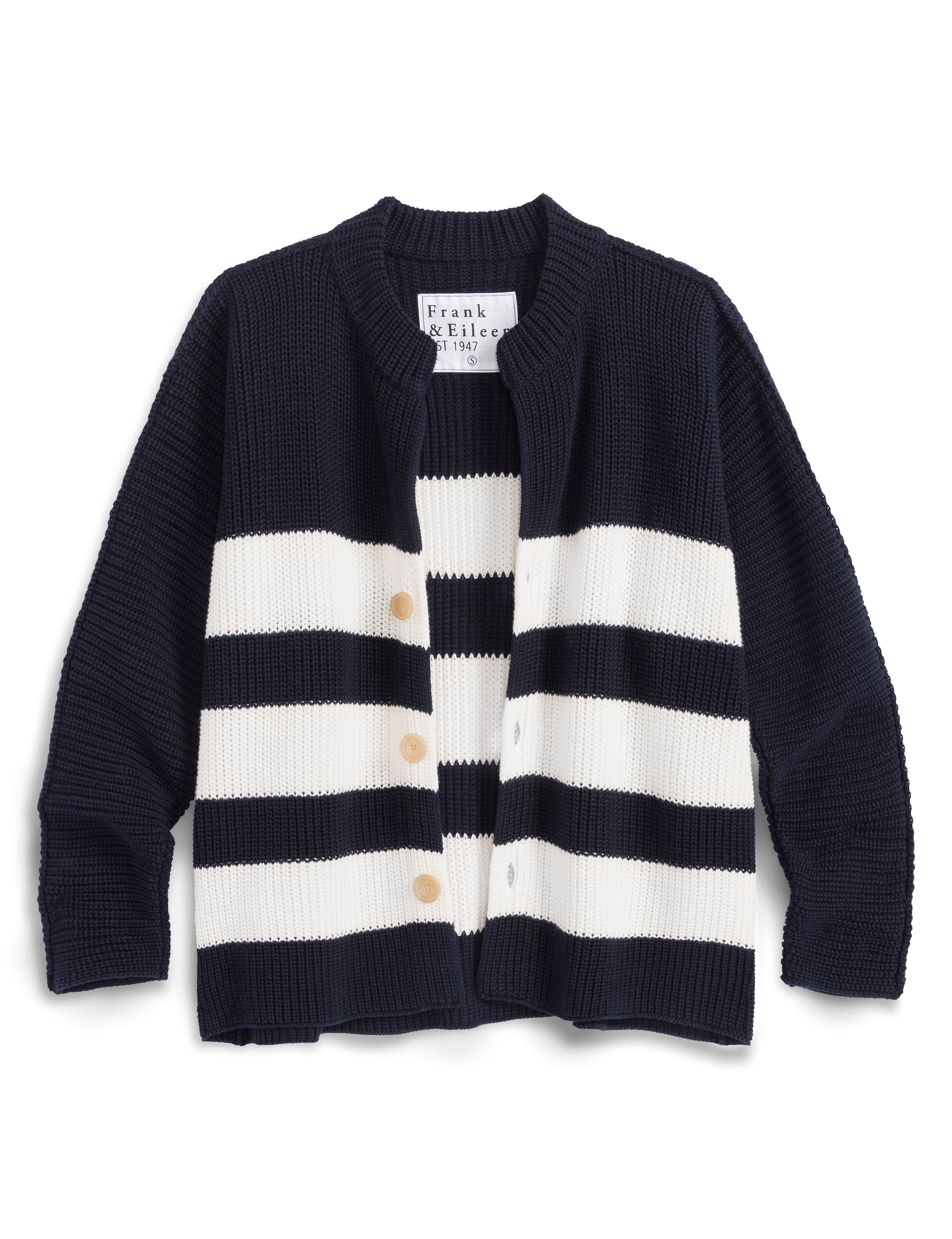 Navy and white striped cardigan with brand label on a white background