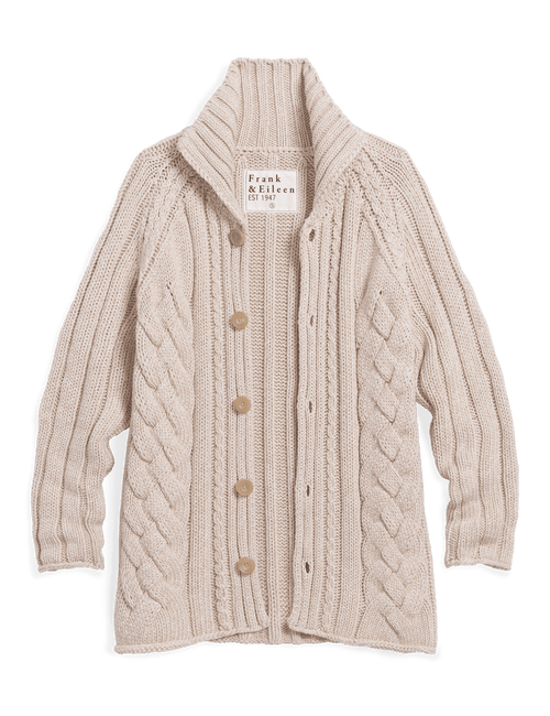 A cream-colored cable-knit cardigan sweater with wooden buttons, shown flat against a white background. The brand label 'Frank & Eileen' is visible inside the collar., view 4