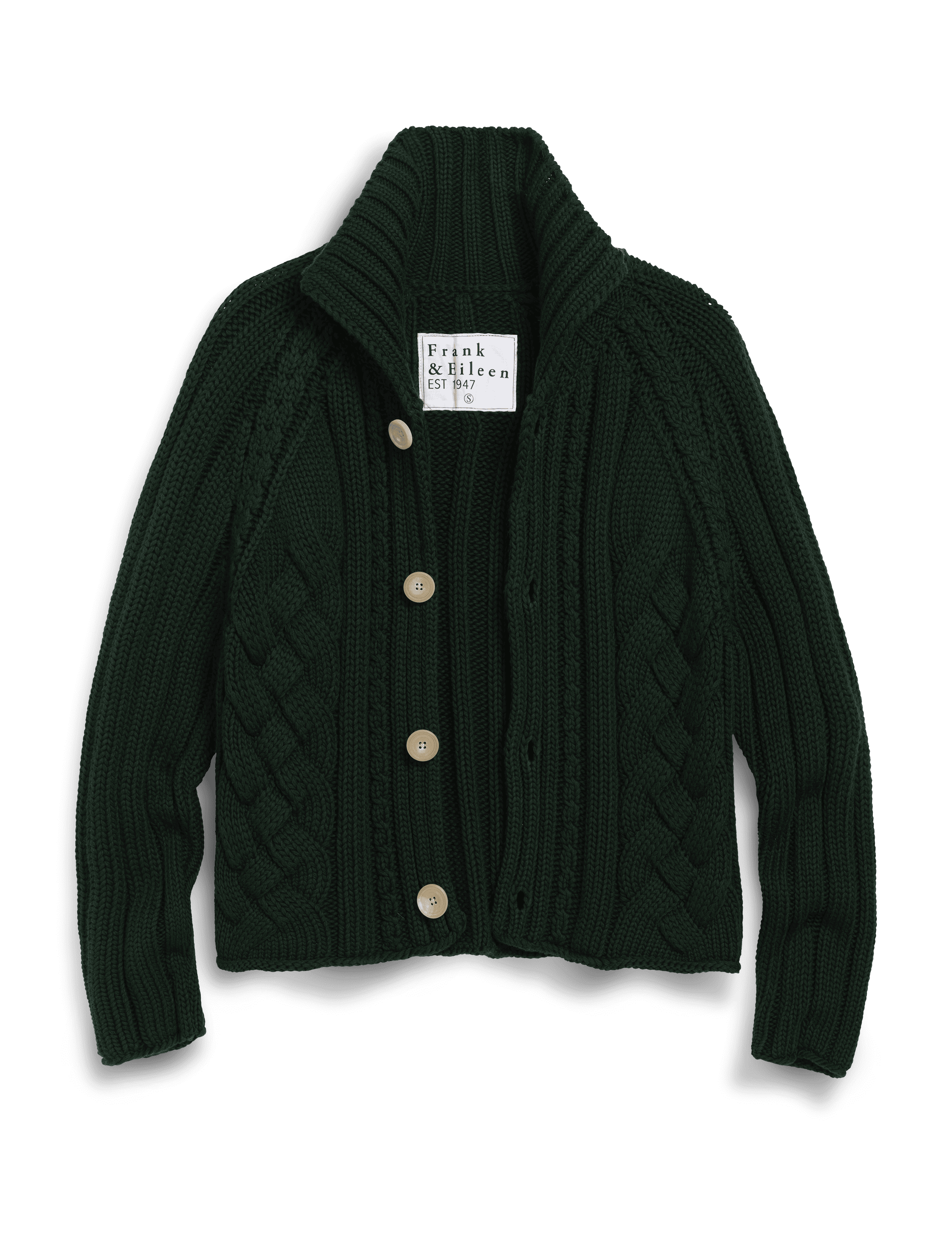 Dark green cable knit cardigan with button details on a white background