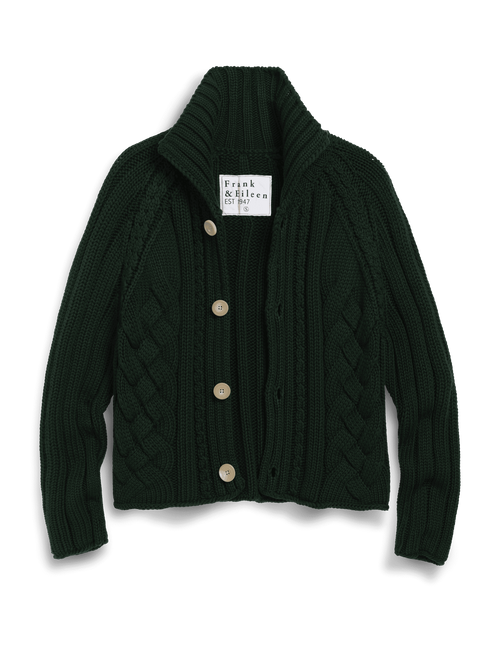 Dark green cable knit cardigan with button details on a white background, view 4