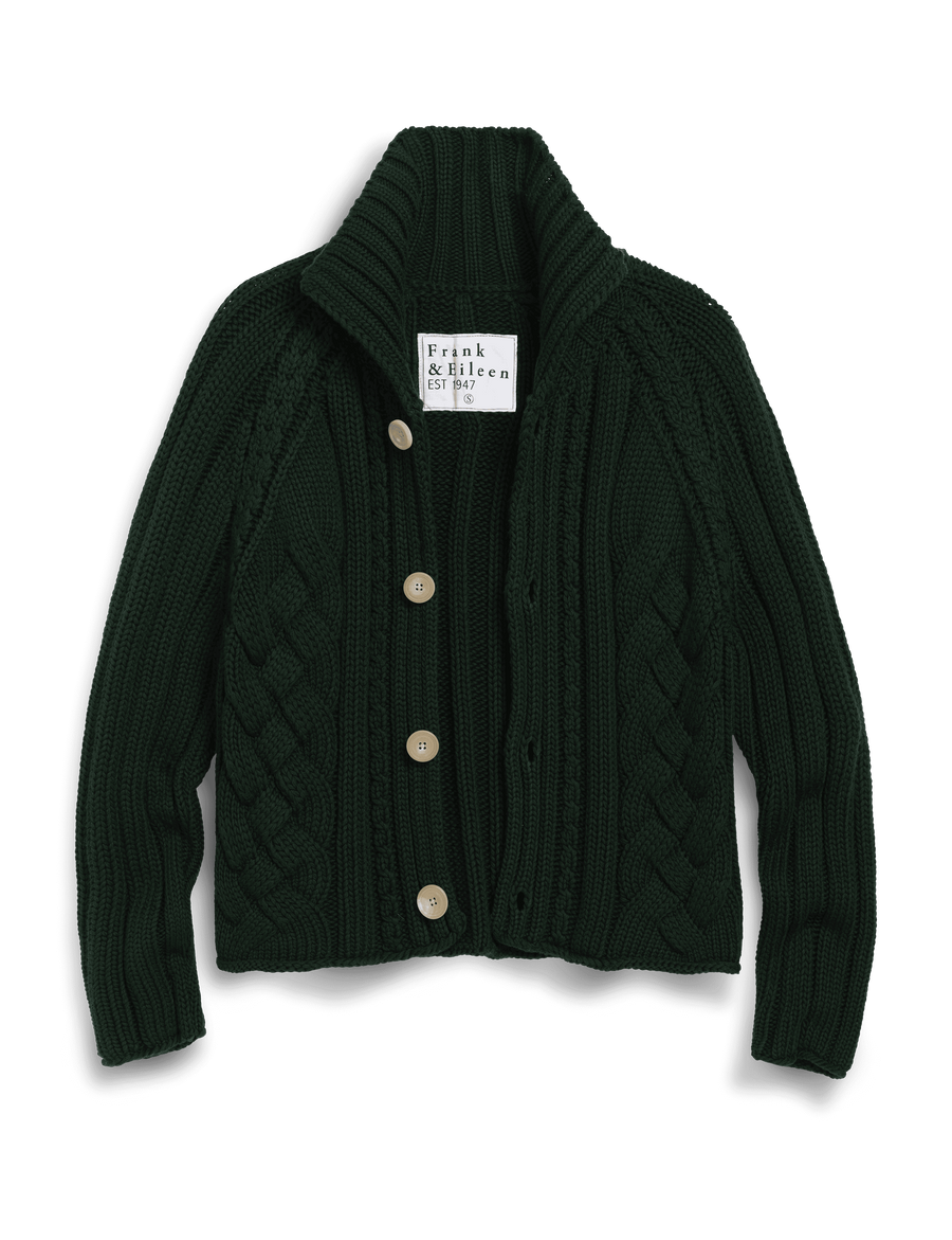 Dark green cable knit cardigan with button details on a white background