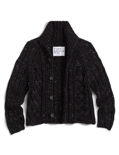 A black cable-knit cardigan sweater with silver sequins, featuring a shawl collar, button closure, and a visible 'Frank & Eileen' brand label., view 6