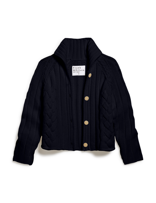 A navy blue, cropped cable knit cardigan with horn buttons and a cozy collar, made from pure Italian cotton., view 4