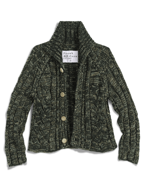 A dark green and black textured knit cardigan sweater with a high collar and three wooden buttons, shown flat against a white background. The brand label reads 'Frank & Eileen'., view 4