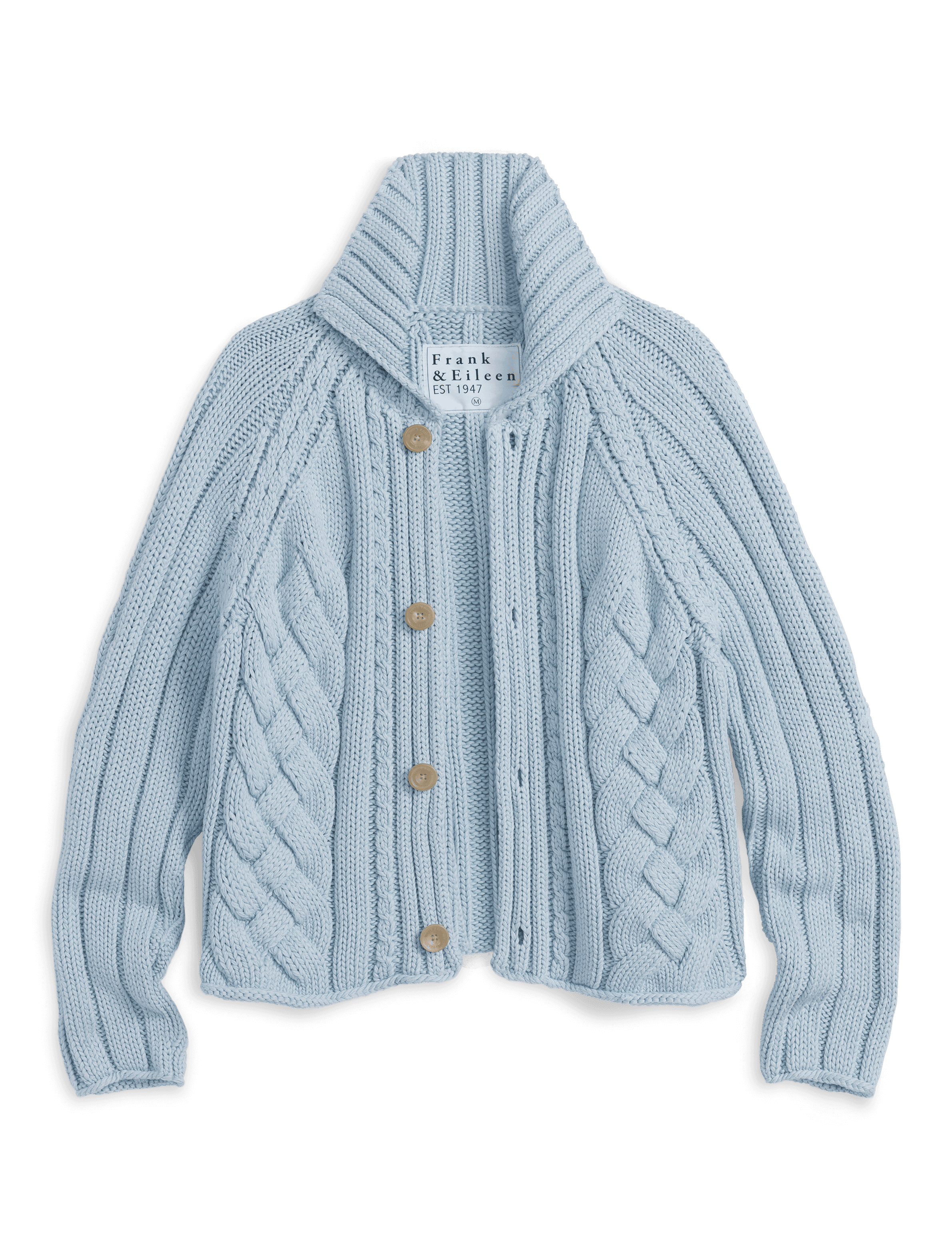 Light blue knitted cardigan with button details on a transparent background