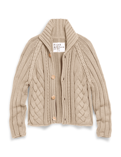 A beige cable-knit cardigan sweater with a wide collar and wooden buttons, shown flat on a white background. The brand label reads 'Frank & Eileen'., view 4