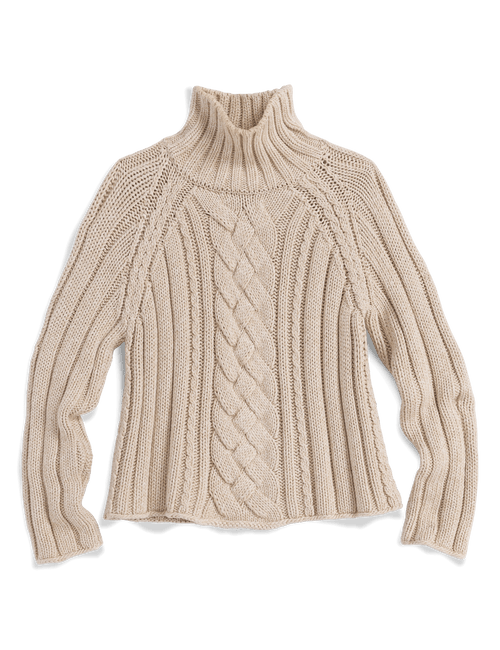 A beige cable-knit mock neck sweater with a textured central pattern and ribbed sleeves, displayed flat against a white background., view 8