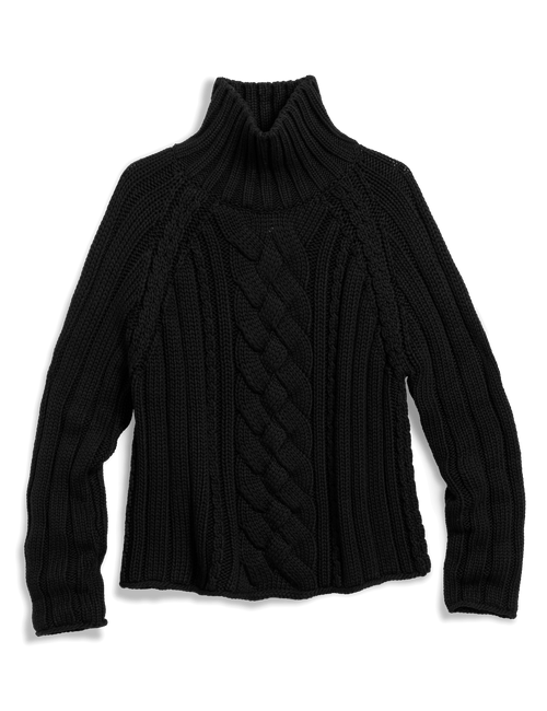 A black cable-knit turtleneck sweater, displayed flat against a white background., view 6