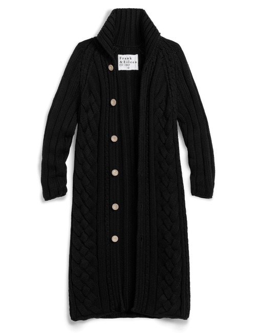 A black cable-knit cardigan coat by Frank & Eileen featuring a high ribbed collar, front button closure with light beige buttons, and long sleeves, shown against a plain white background., view 5