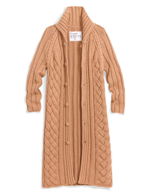 A long, open-front cable-knit cardigan in a warm camel tan color, featuring a high folded collar, long sleeves, and decorative buttons down the center front. A white brand label reading 'frank ocean' is visible inside the collar., view 4
