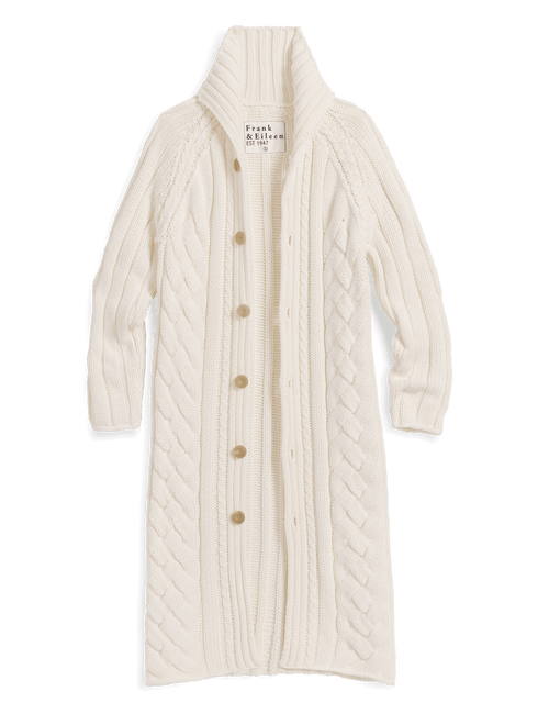 An off-white cable-knit cardigan by Frank & Eileen, featuring a high ribbed collar, long sleeves, and a front button closure with buttons, shown against a plain white background., view 6