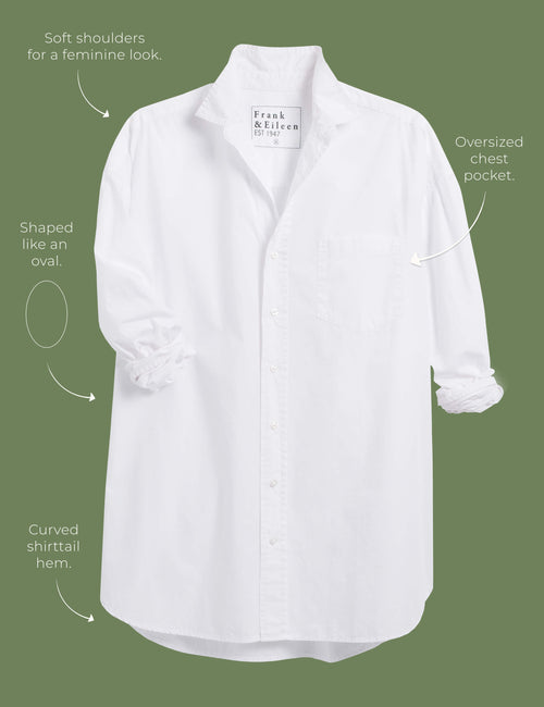 Lay flat image of the Shirley button-up shirt. Arrows are pointing to different areas of the shirt and text highlights features including soft shoulders for a feminine look, oversized chest pocket, shaped like an oval, curved shirttail hem., view 4