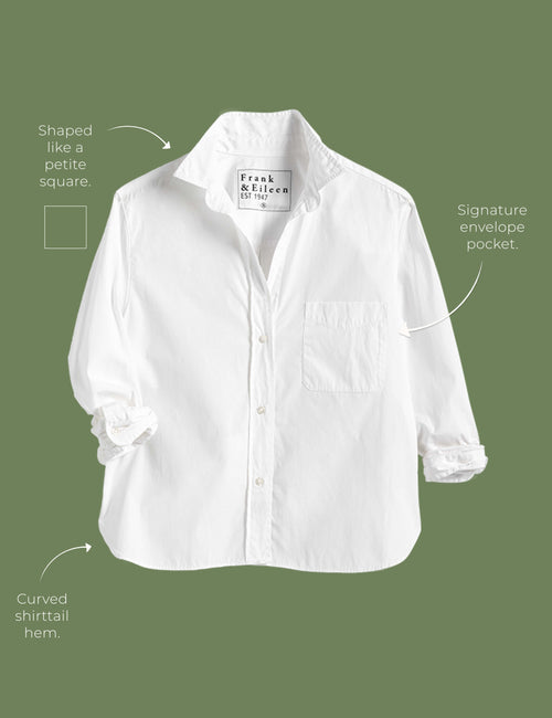 Lay flat image of the Silvio button-up shirt. Arrows are pointing to different areas of the shirt and text highlights features including shaped like a petite square, signature envelope pocket, curved shirttail hem., view 4