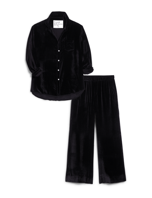 A two-piece black velvet set consisting of a long-sleeve button-front shirt with a chest pocket and matching wide-leg pants, displayed on a clean white background., view 4
