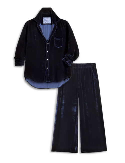 A two-piece set consisting of a long-sleeve button-up shirt and matching wide-leg pants in a dark navy velvet fabric, displayed on a clean white background., view 4